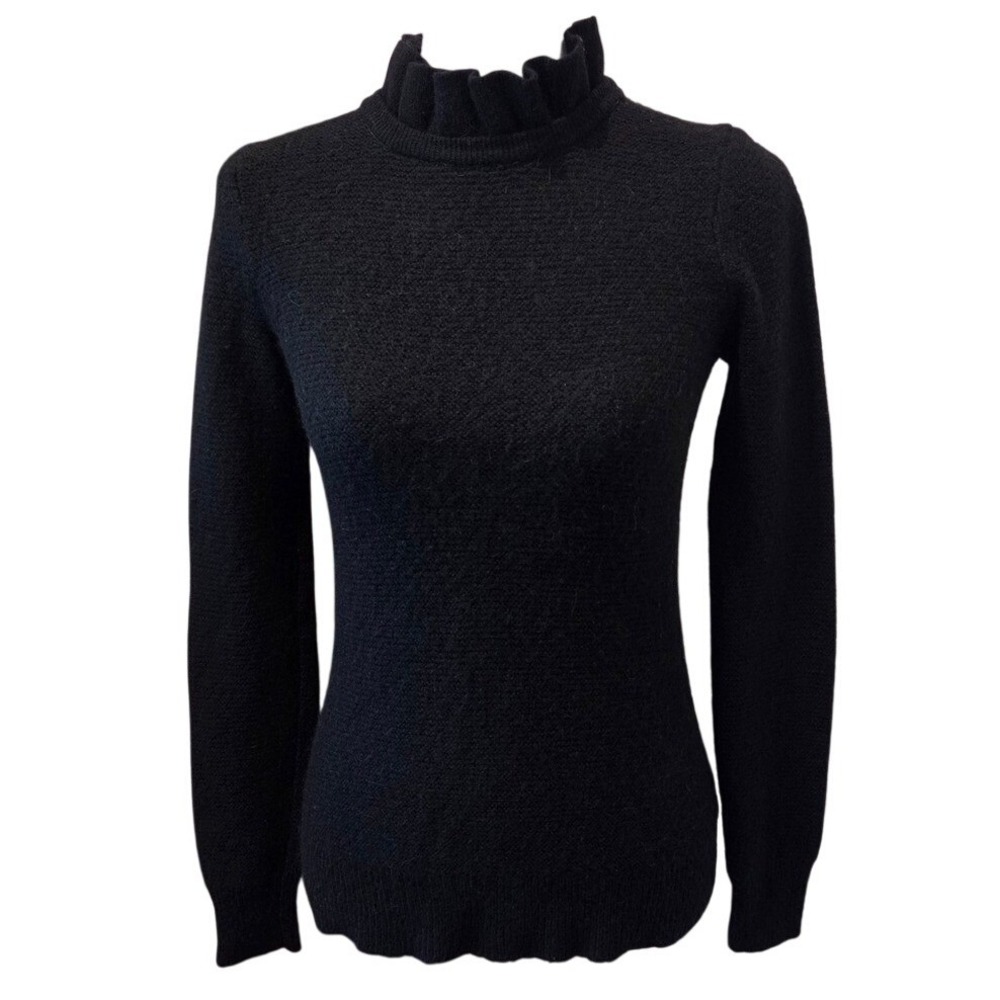 J.Crew Ruffle Neck Sweater Slim Black Angora Blend Coquette XS Dark Academia